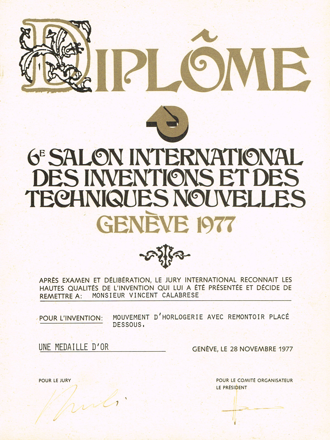 1977  Salon Invention Genève médaille d&rsquo;or